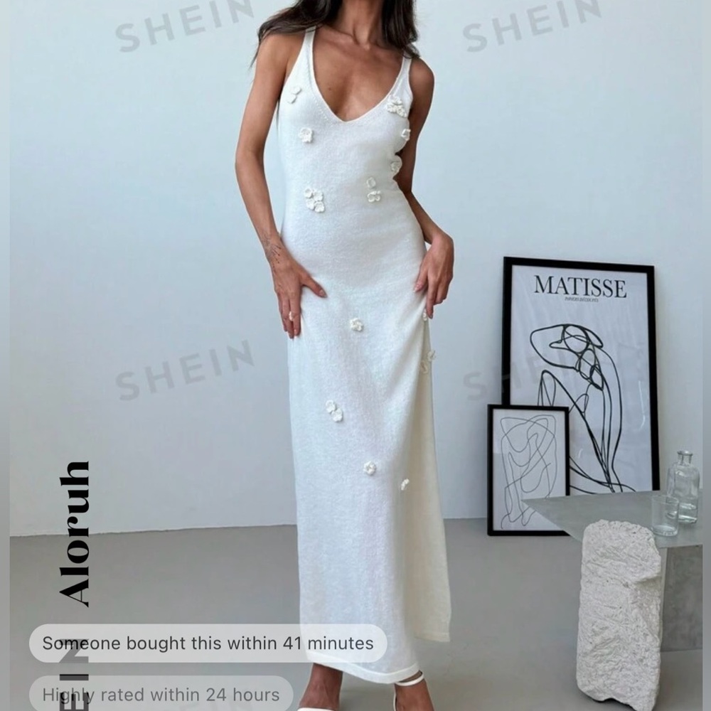 Cream Spring Deep V-Neck Dress with Flowers